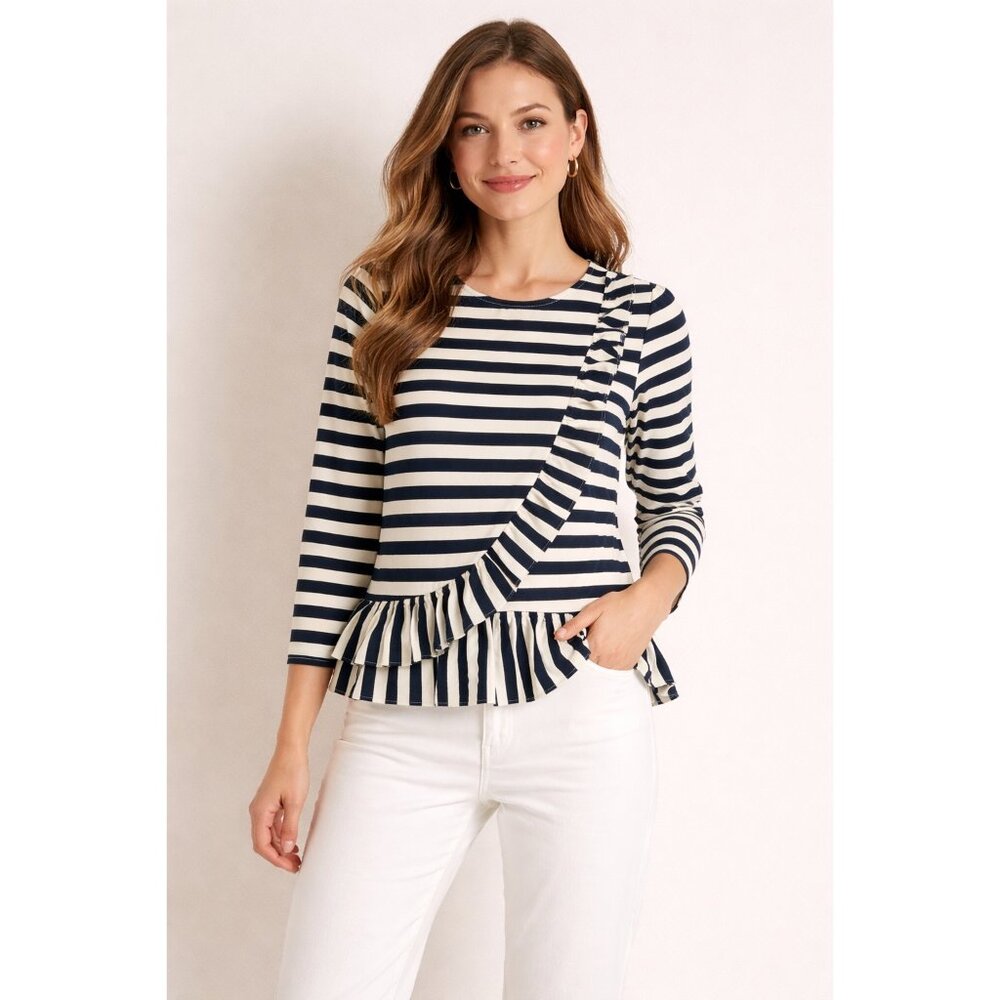 ⚓️ J. Crew Navy Blue Striped Ruffle Drop Waist Top Medium ⚓️